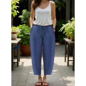Ellos Women's Cropped Linen Blend Pants Size 34 Blue Drawstring Waist Coastal